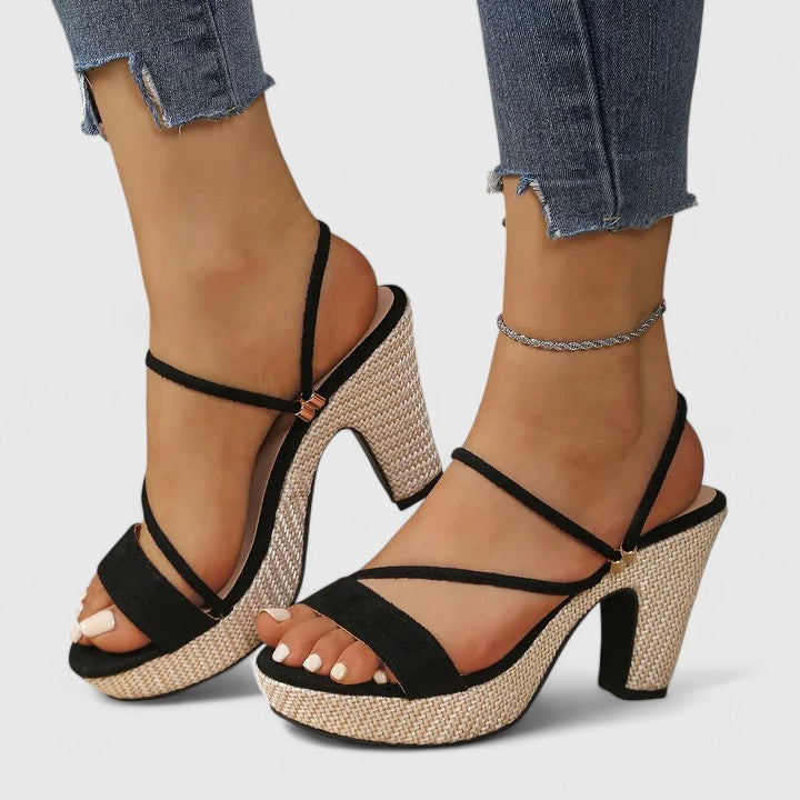 Black orthopedic heeled sandals, peep-toe, ankle strap, chunky platform heel