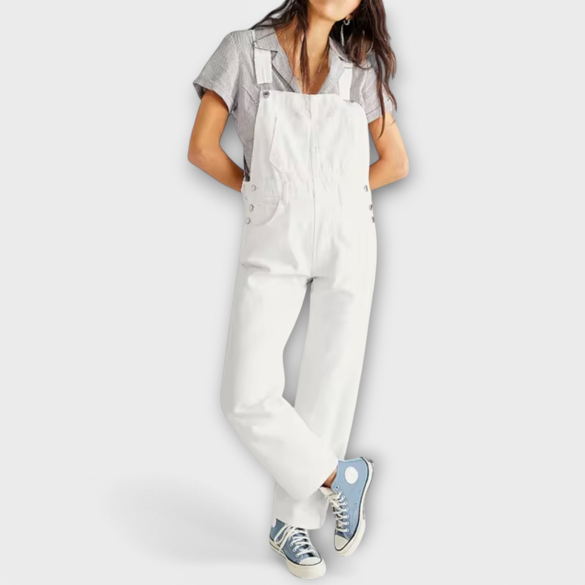 White denim loose-fit overalls with square bib and side patch pockets