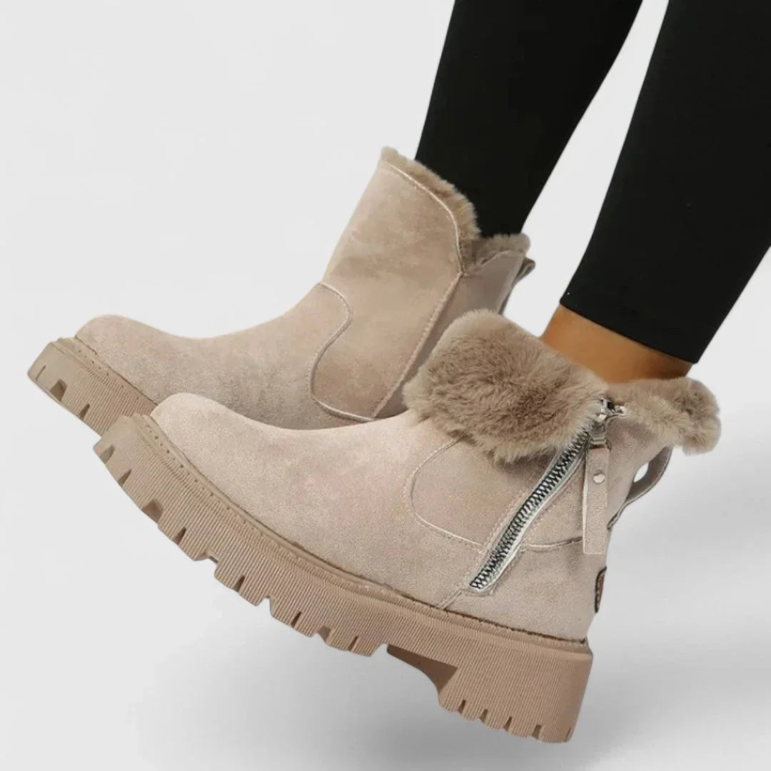 Beige suede ankle boots with faux-fur trim and side zipper, rugged platform sole