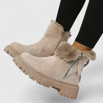 Beige suede ankle boots with faux-fur trim and side zipper, rugged platform sole