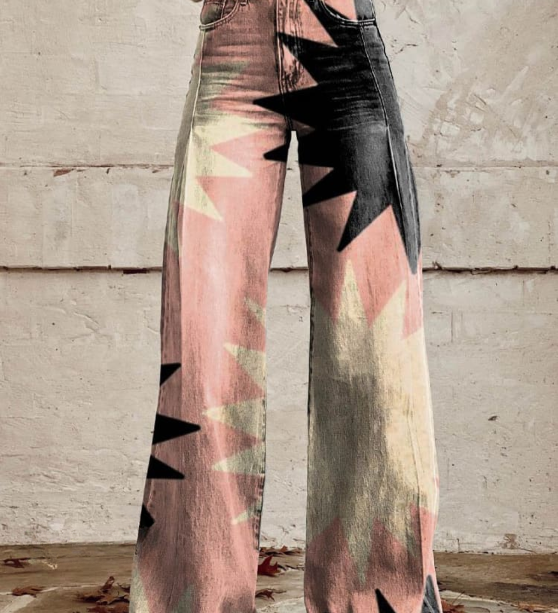 High-waist wide-leg boho pants, pink-green abstract print with black graphic shapes