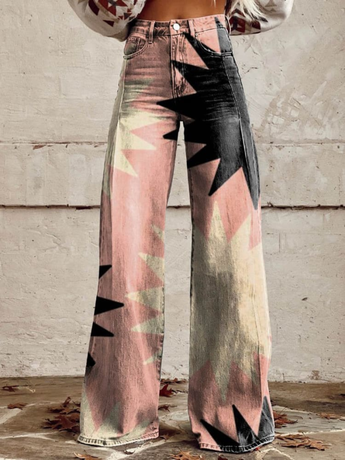 High-waist wide-leg boho pants, pink-green abstract print with black graphic shapes