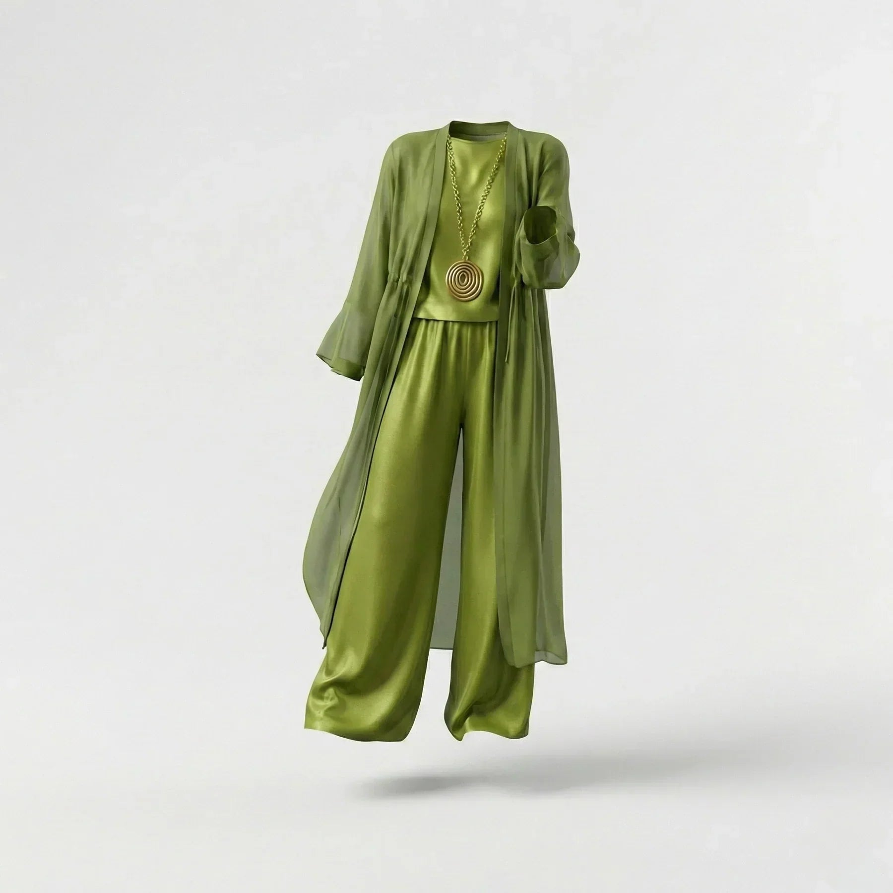 Olive green set with wide-leg pants, round-neck top, and flowing open-front kimono