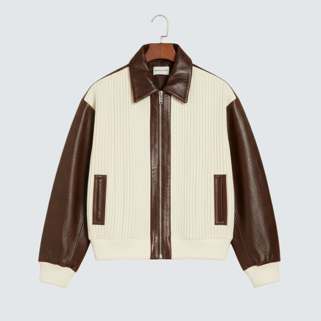 Color-block knit jacket with brown zip front and ribbed collar
