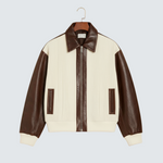 Color-block knit jacket with brown zip front and ribbed collar