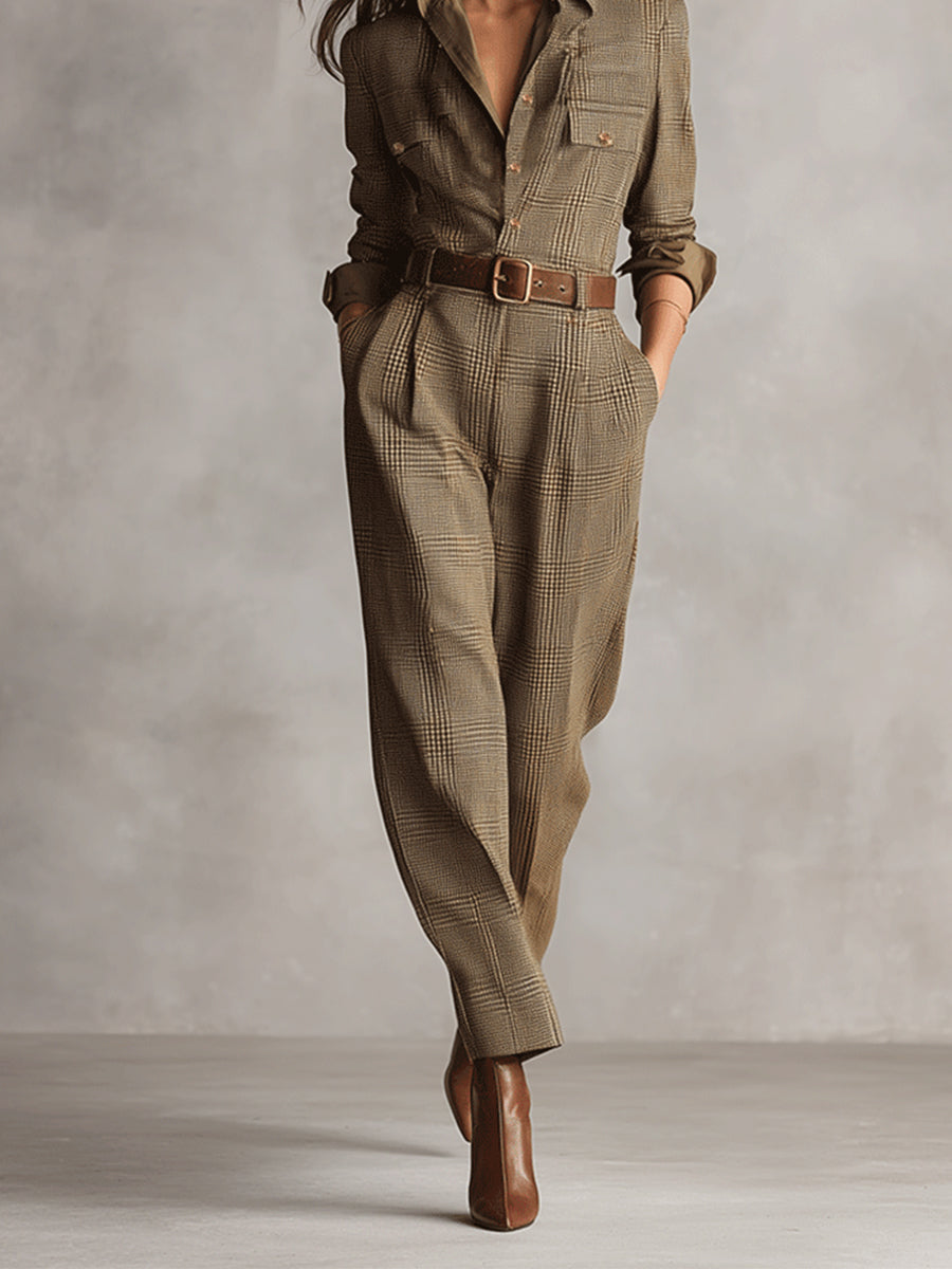 Brown plaid one-piece with waist belt, pointed collar, and ankle-length tapered legs