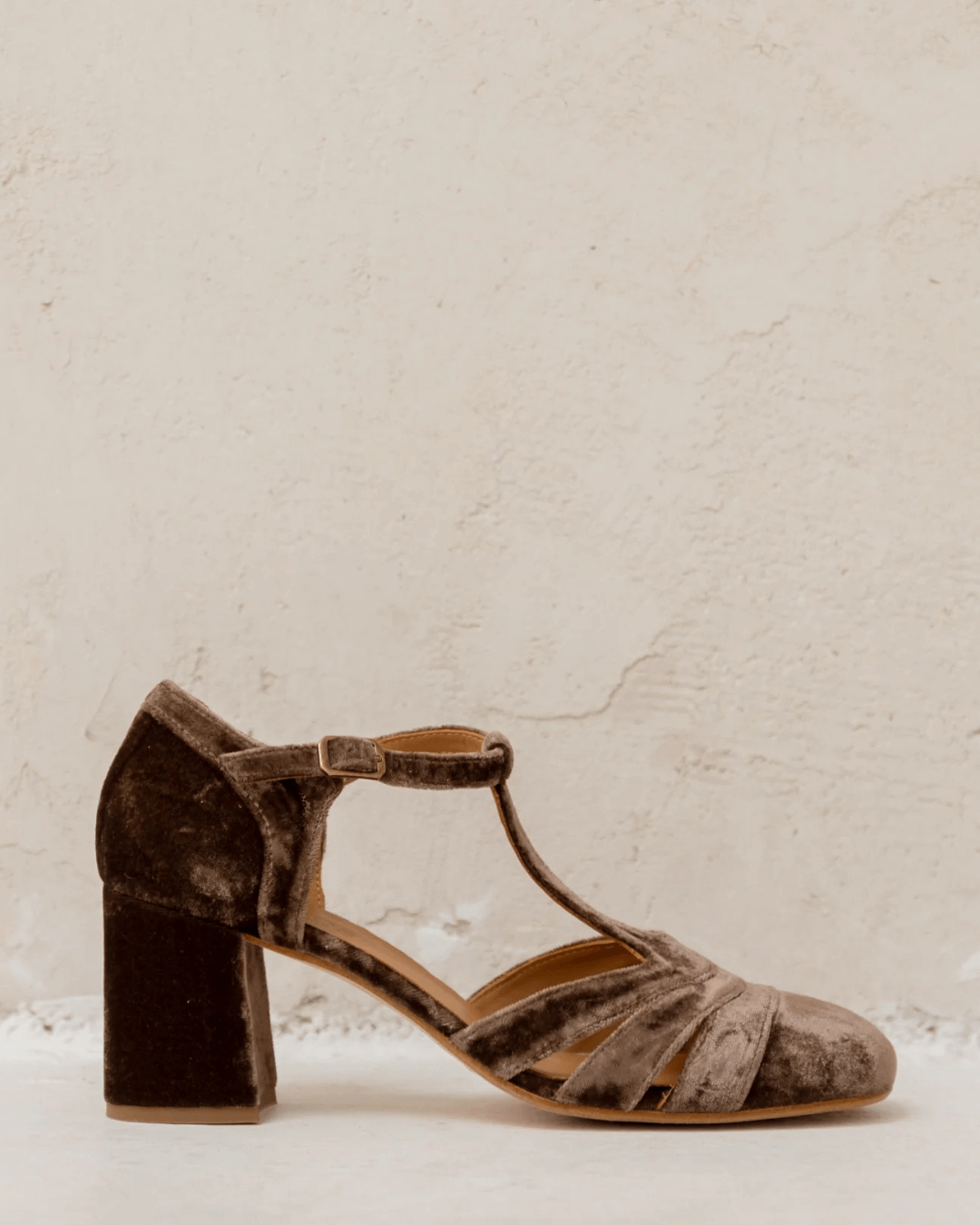 Brown suede T-strap heeled sandal with buckled ankle strap