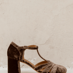 Brown suede T-strap heeled sandal with buckled ankle strap