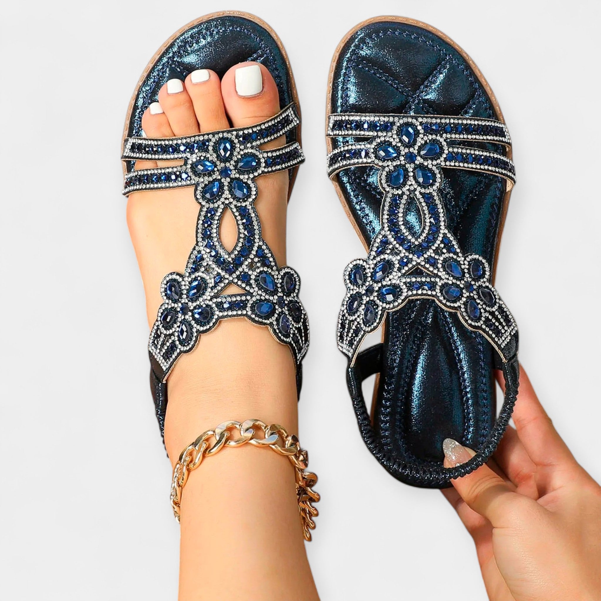 Orthopedic boho sandals black with silver rhinestone floral straps and open toe