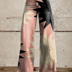 Full-length high-waist wide-leg boho pants, pink-green abstract print with black shapes
