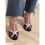 Heeled T-bar mary jane shoes with blush straps and burgundy/black color-blocking