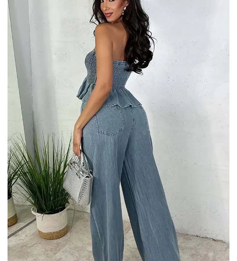 Light blue denim two-piece set: strapless smocked ruffle top and wide-leg drawstring jeans
