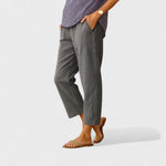 Gray linen-cotton summer pants, relaxed fit with cuffed cropped hem