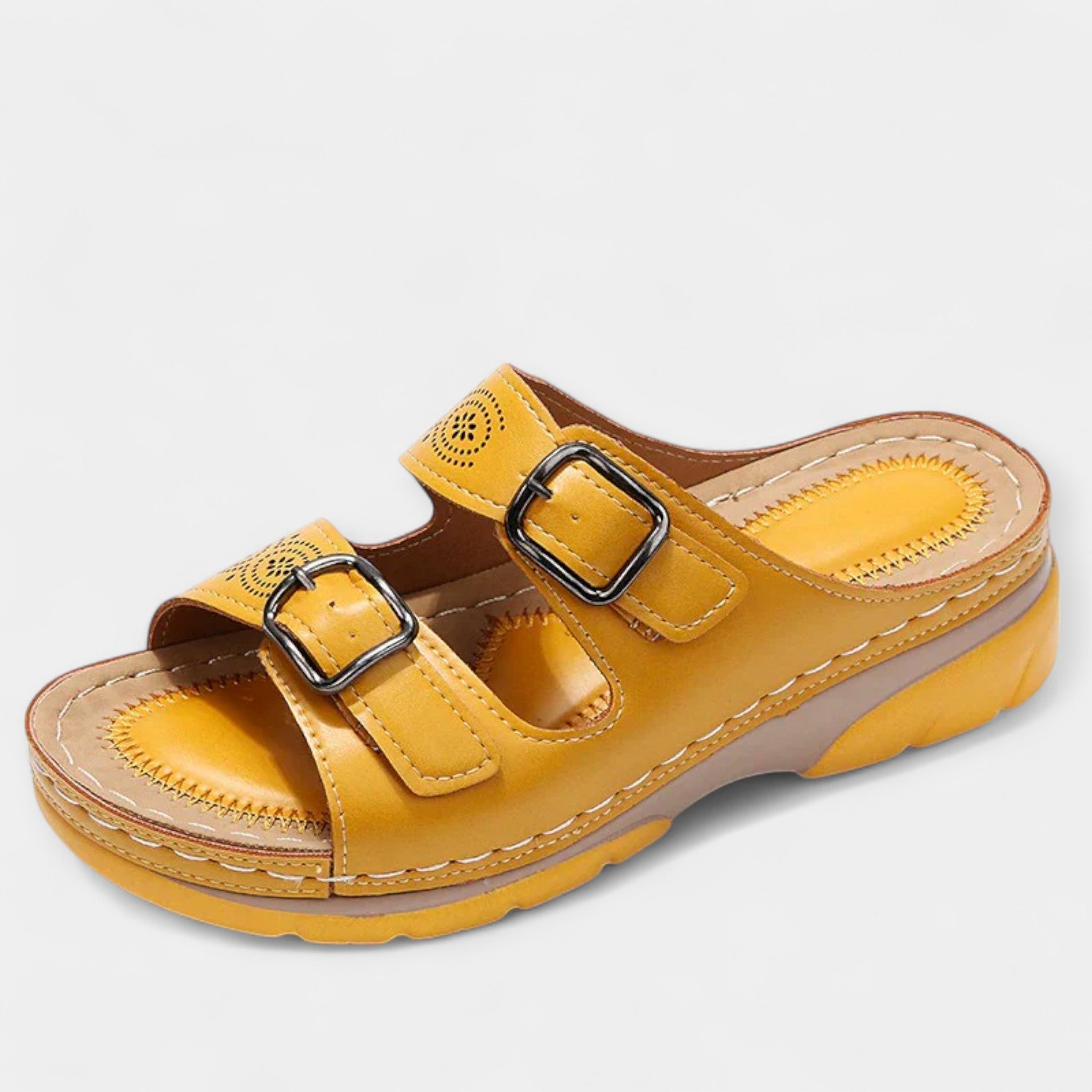 Pain-Free Support sandals in yellow with two adjustable buckle straps and cushioned platform sole