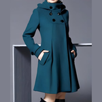 Women’s teal hooded coat with double-breasted button front and flap pocket sleeves