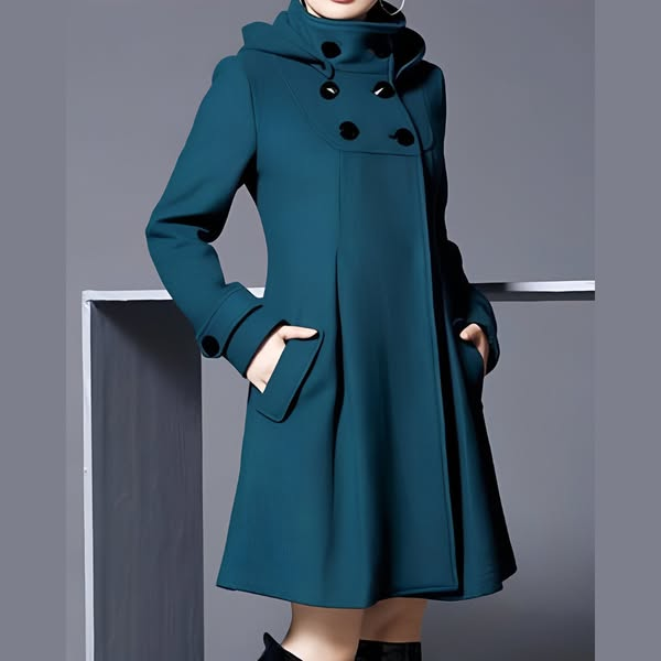 Women’s teal hooded coat with double-breasted button front and flap pocket sleeves