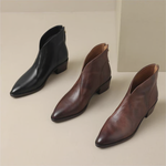 Ankle boots in black and brown tones, low block heels, pointed toe