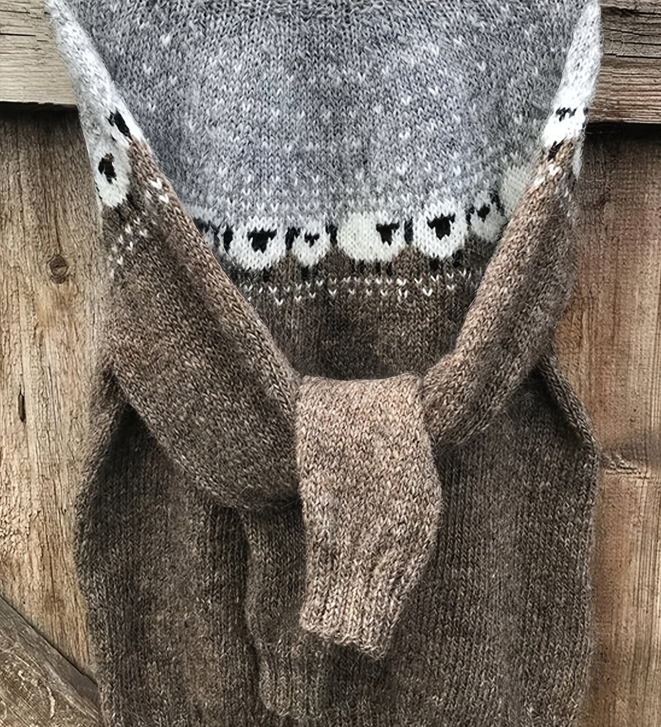 Grey Fair Isle sweater with reindeer pattern and crew neck
