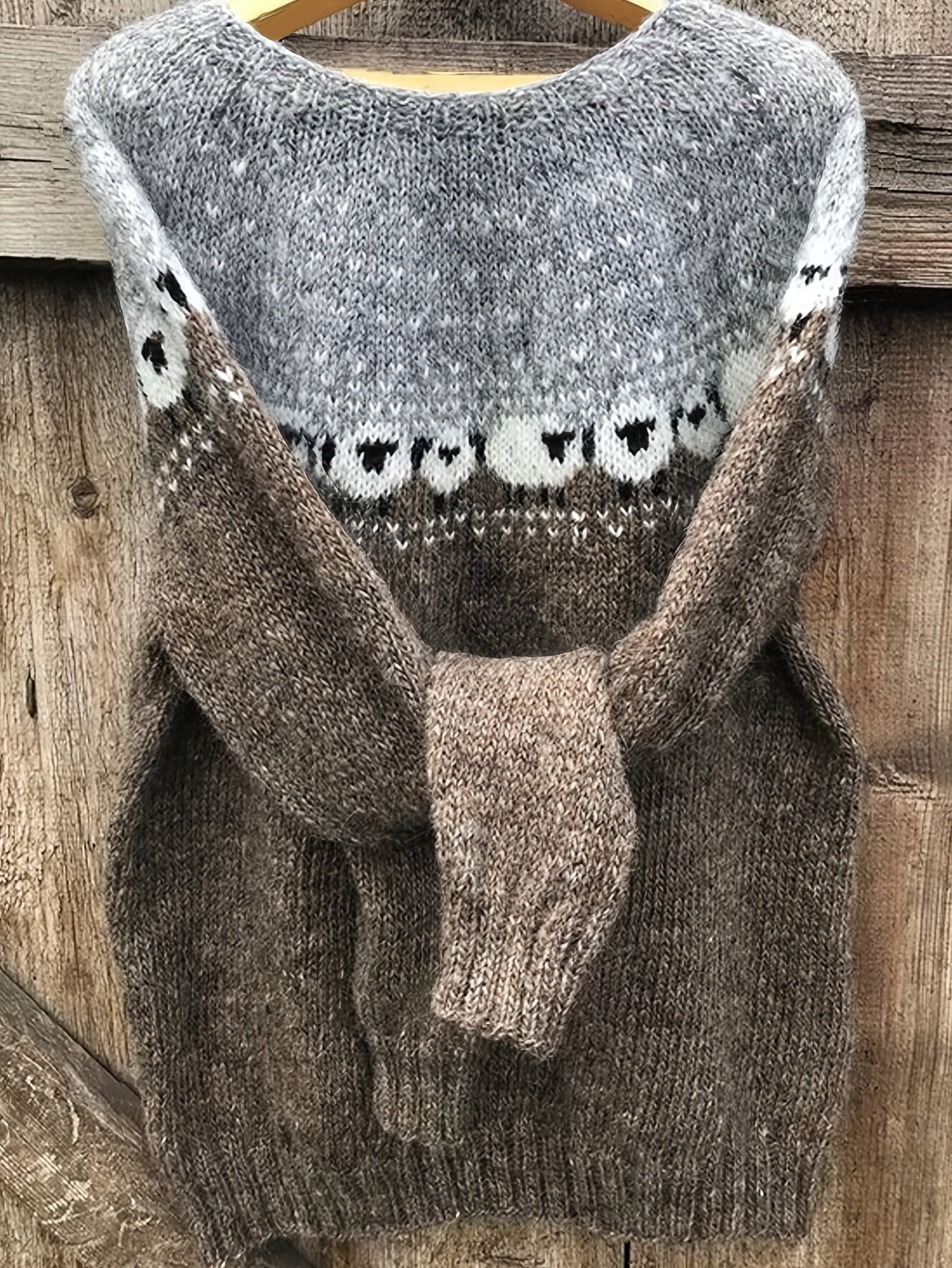 Grey Fair Isle sweater with reindeer pattern and crew neck