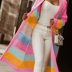 Noemi pastel striped long cardigan, pink open-front knit with multicolor color blocks