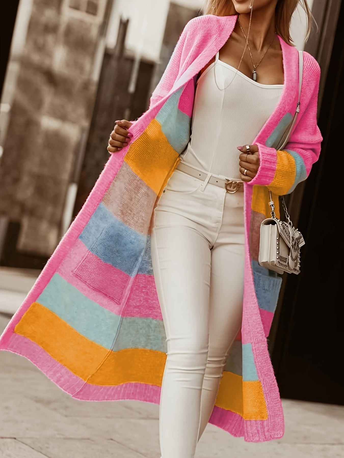 Noemi pastel striped long cardigan, pink open-front knit with multicolor color blocks
