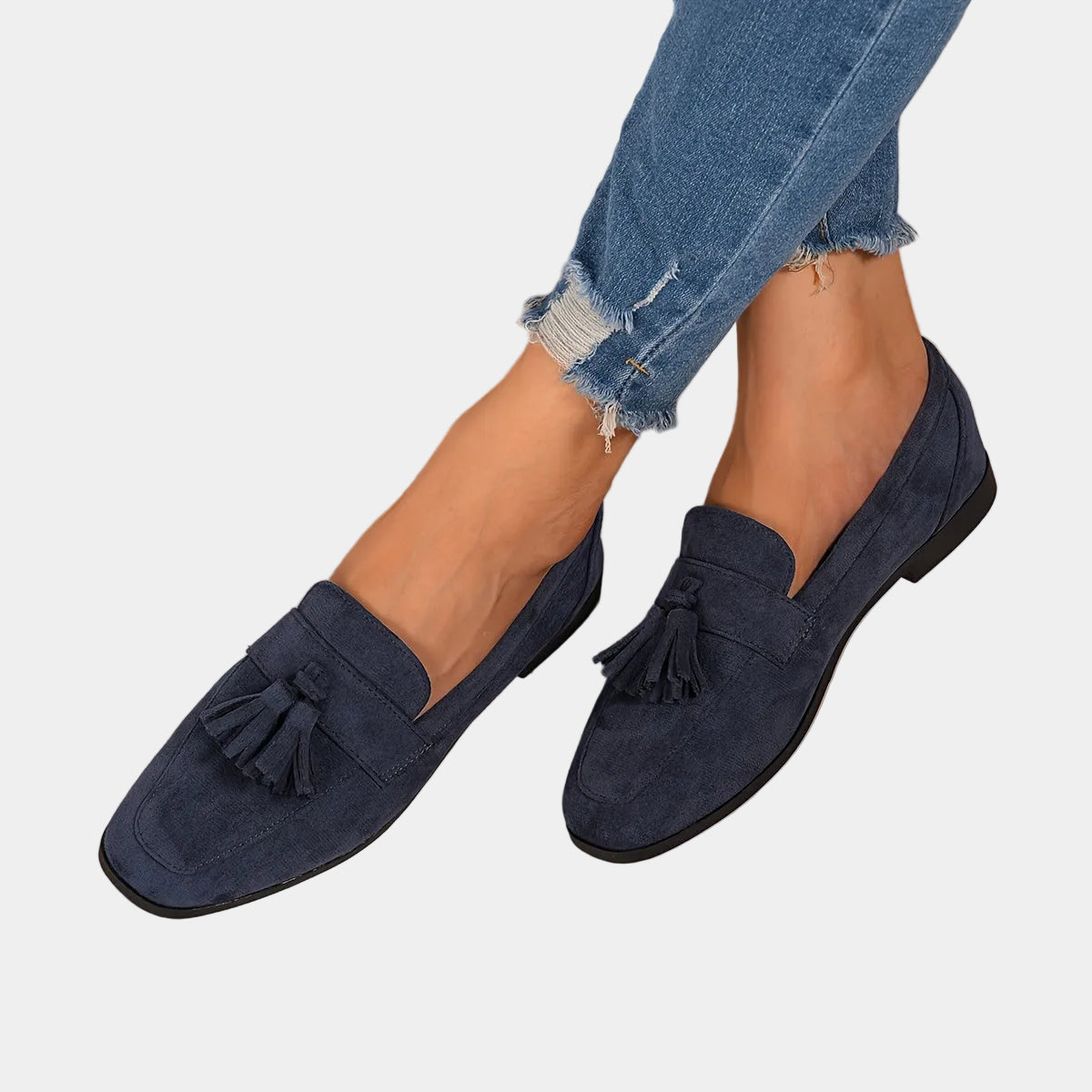 Dark blue suede tassel loafers, slip-on style with round toe