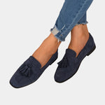Dark blue suede tassel loafers, slip-on style with round toe