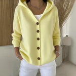 Hooded cardigan in pale yellow knit, button-front, hood with ribbed cuffs