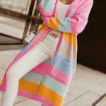 Noemi pastel striped long cardigan, pink with wide multicolor stripe and block design