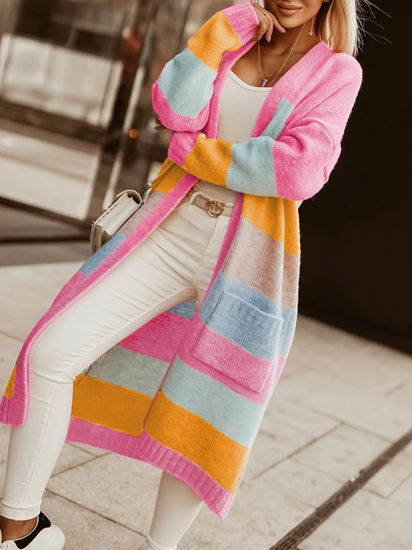 Noemi pastel striped long cardigan, pink with wide multicolor stripe and block design