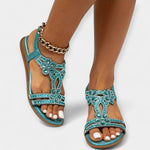 Orthopedic boho sandals turquoise with embellished ankle strap and open toe