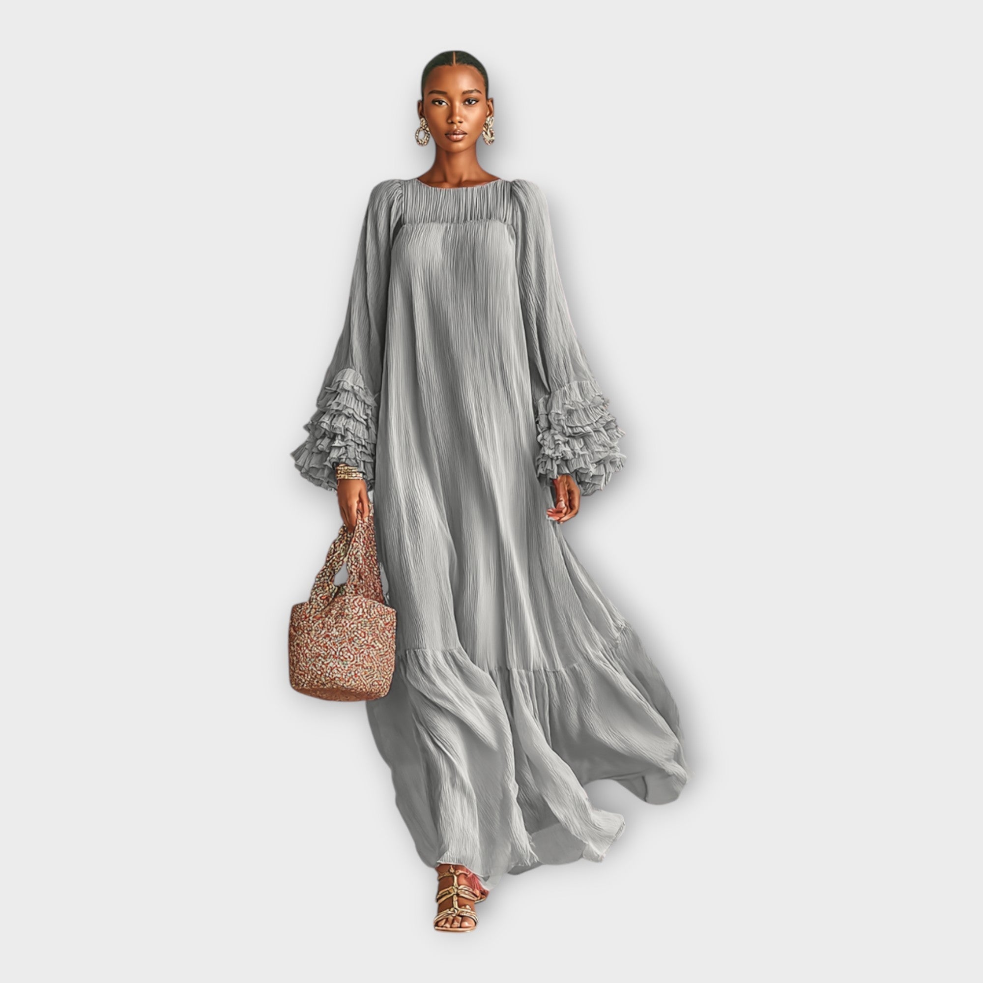 Long gray flowy maxi dress with gathered neckline and tiered ruffle sleeves