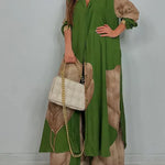 Green and beige patchwork print top and wide-leg pants set, long sleeves