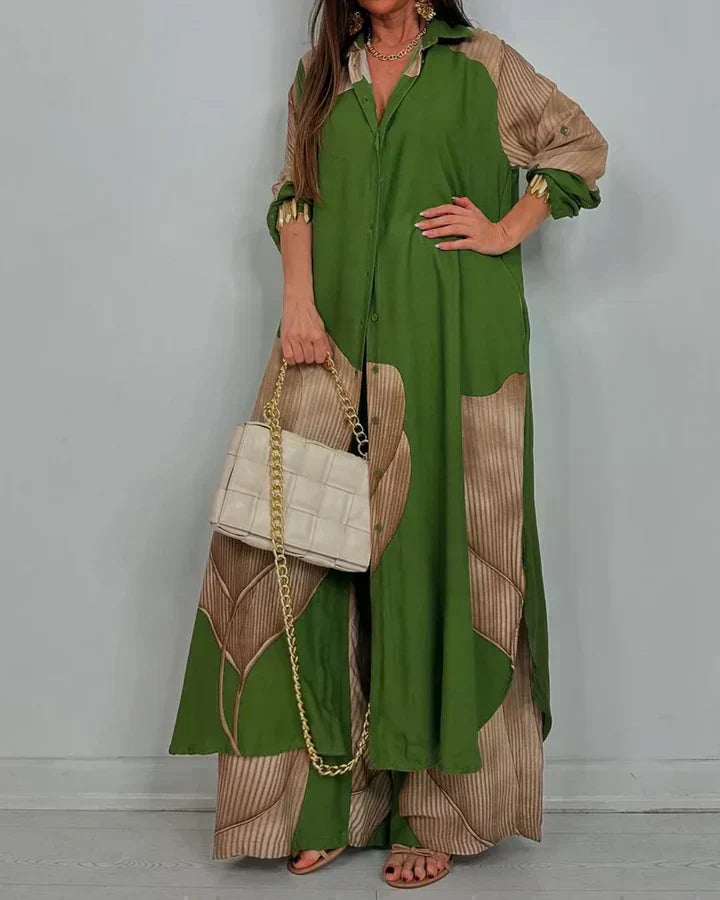 Green and beige patchwork print top and wide-leg pants set, long sleeves