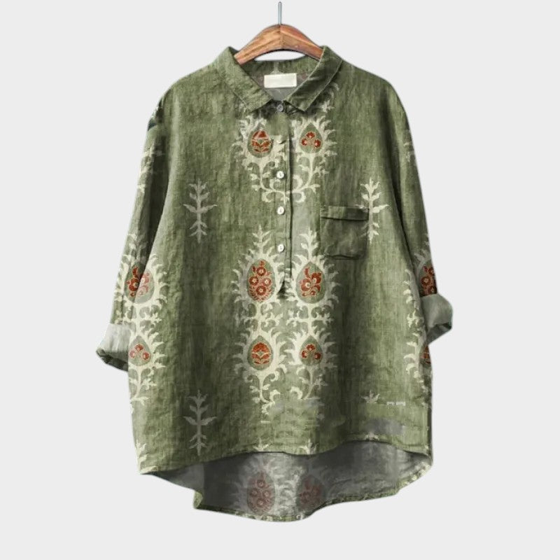 Premium blouse in olive green with button front, embroidered motifs, and chest pocket