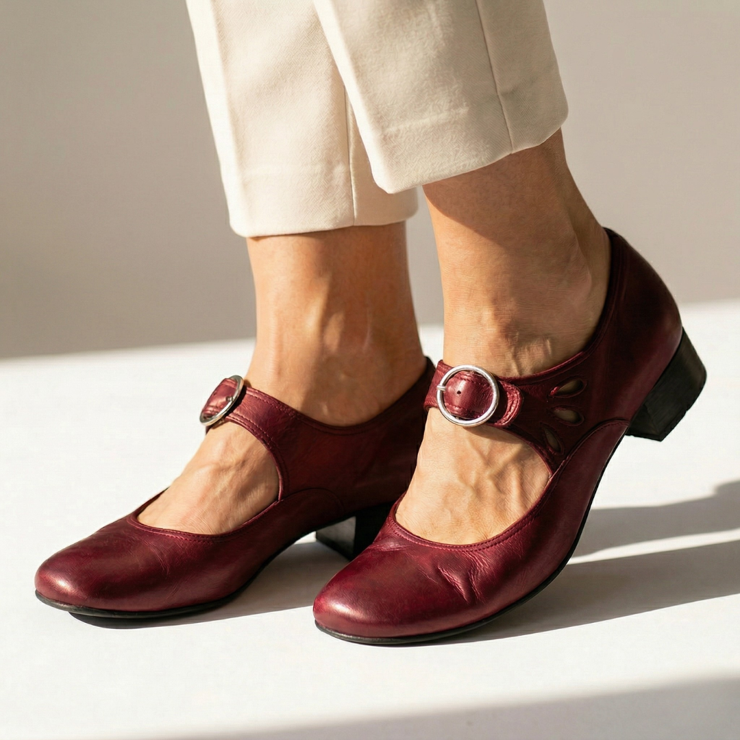 Leni high heel shoes in burgundy leather-look, ankle strap with round buckle, cutout detail
