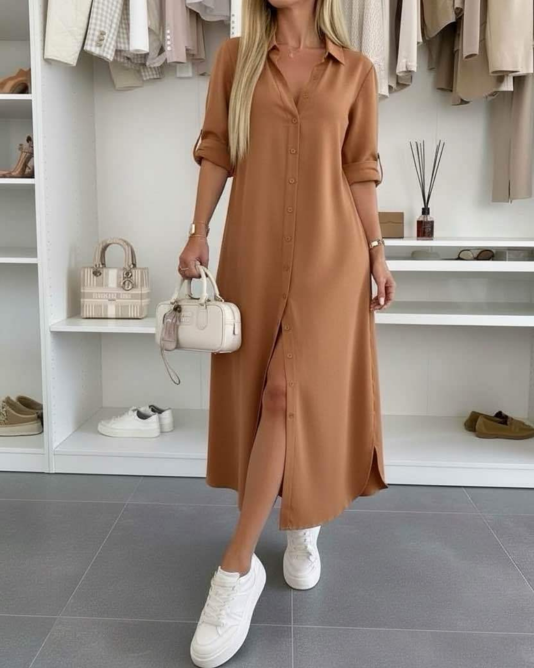Oversized shirt dress in camel brown, button-front, short sleeves, side slit hem