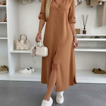 Oversized shirt dress in camel brown, button-front, short sleeves, side slit hem