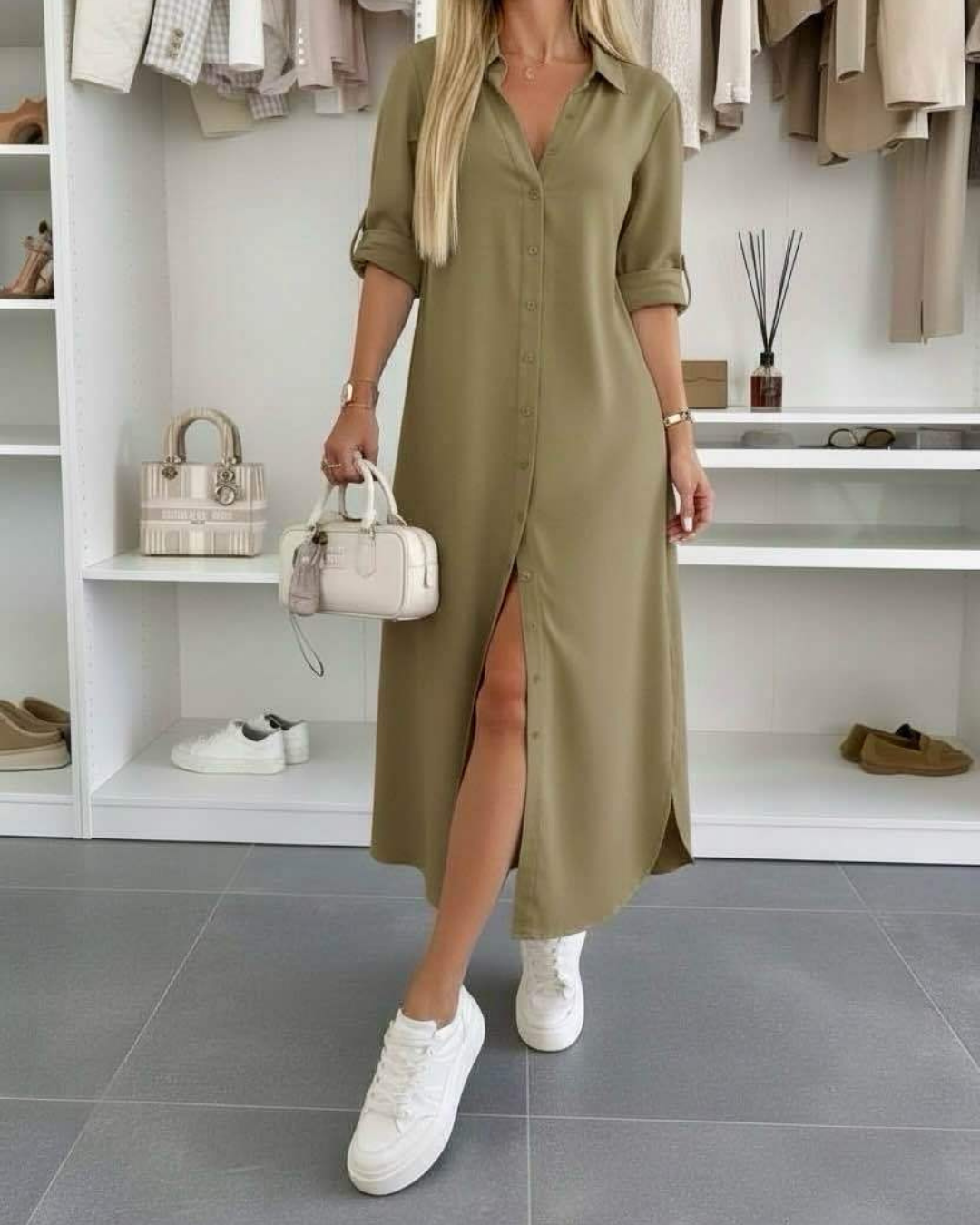 Oversized shirt dress in olive green, button-front, short sleeves, side slit hem