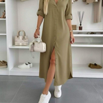 Oversized shirt dress in olive green, button-front, short sleeves, side slit hem