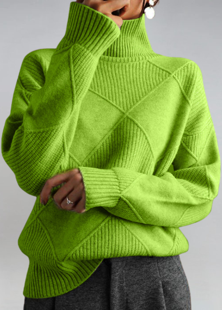 Lime green high-neck sweater with ribbed turtleneck and diagonal knit panel detail.
