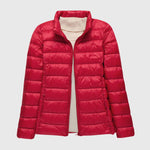 Lightweight puffer jacket with hood, red zip front, ribbed cuffs and hem