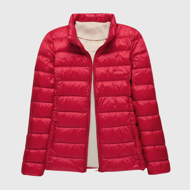 Lightweight puffer jacket with hood, red zip front, ribbed cuffs and hem