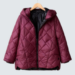 Ema maroon quilted puffer jacket with full zip and hood, black trim