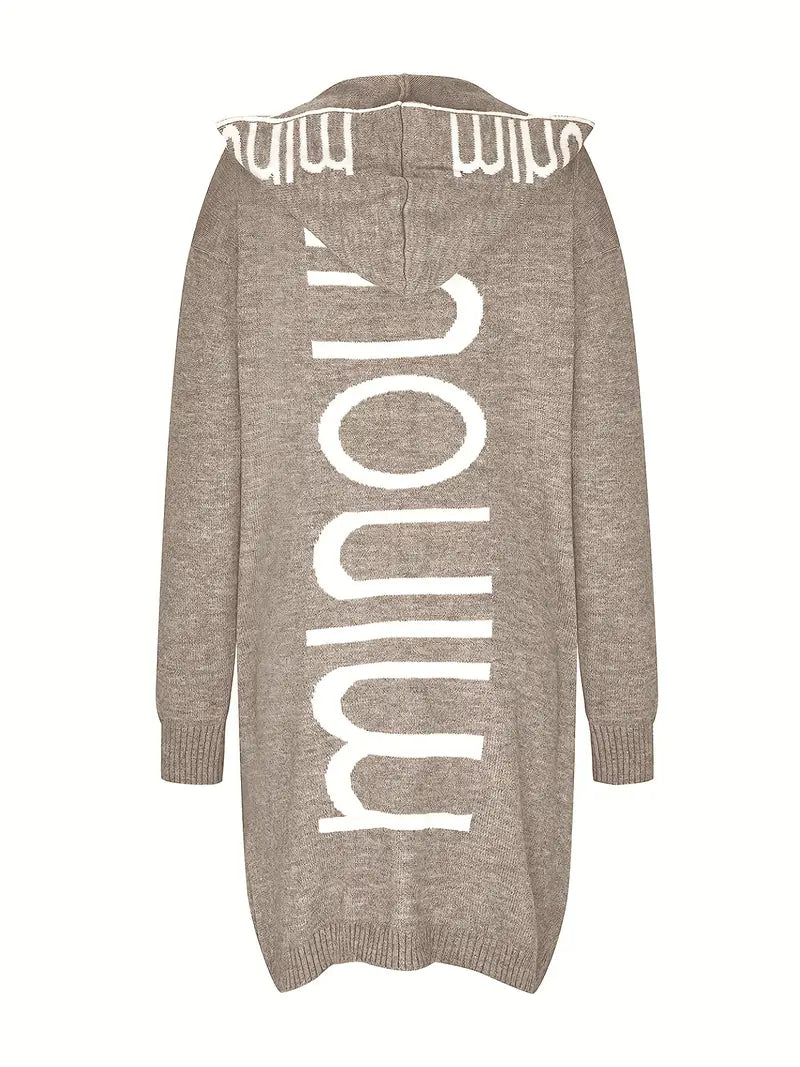 Gray knit cardigan with large white lettering on the back, hooded, long sleeves