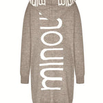 Gray knit cardigan with large white lettering on the back, hooded, long sleeves