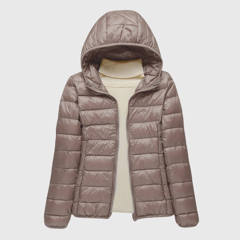 Lightweight puffer jacket with hood, brown, full-zip front and quilted panels