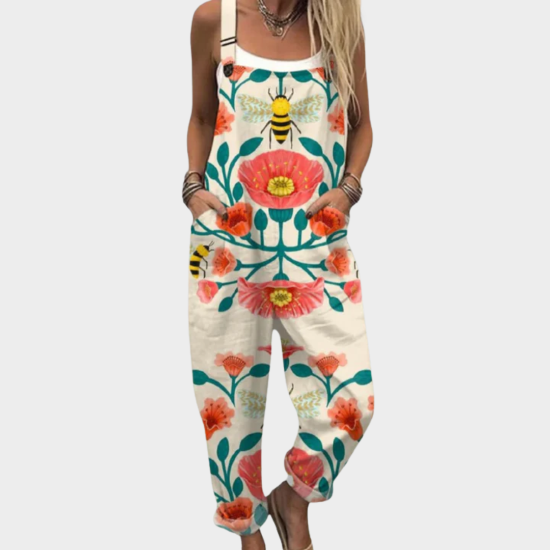 Loose printed overalls with sleeveless bib and colorful floral pattern