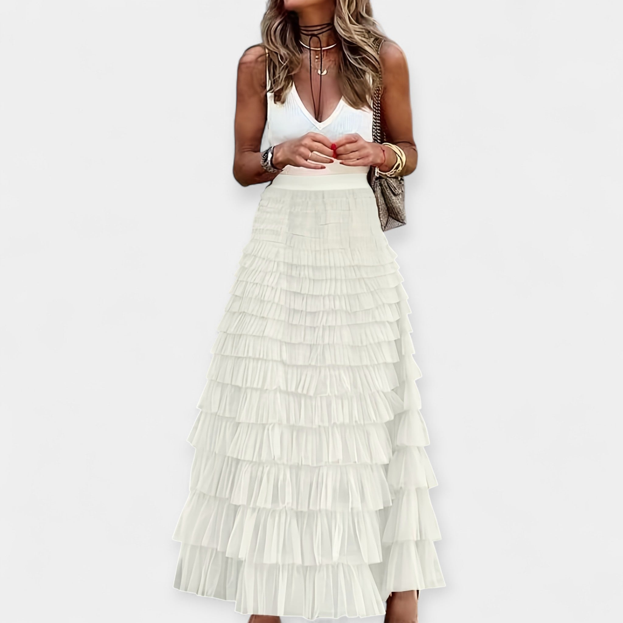 Boho mesh-trim tiered skirt in white, stacked ruffle tiers with gathered elastic waist