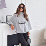 Women's gray jacket with flared butterfly sleeves and belted peplum waist